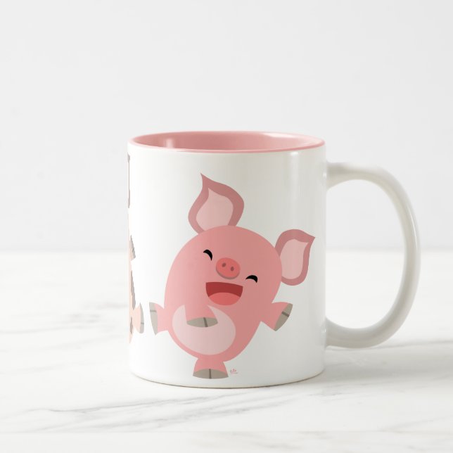Niedliche Tanzen-Cartoon-Schwein-Tasse Zweifarbige Tasse (Rechts)