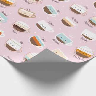 Niedliche Tassen Kaffee auf hellrosa Geschenkpapier