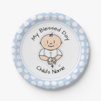 Niedliche Taufe 7" Plate - Baby Boy mit Rosary Pappteller