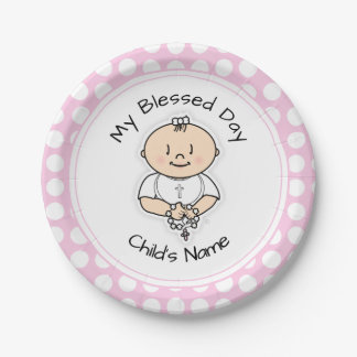 Niedliche Taufe 7" Plate - Baby Girl mit Rosary Pappteller