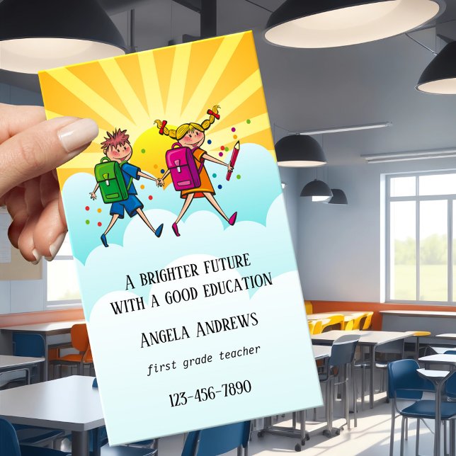 Niedliche Teacher-Visitenkarte Visitenkarte (A cute colorful business card featuring two schoolchildren with their backpacks - elementary teacher)