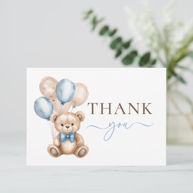 Niedliche Teddy Bar Balloons | Blue Boy Baby Dusch Dankeskarte (Stehend Vorderseite)