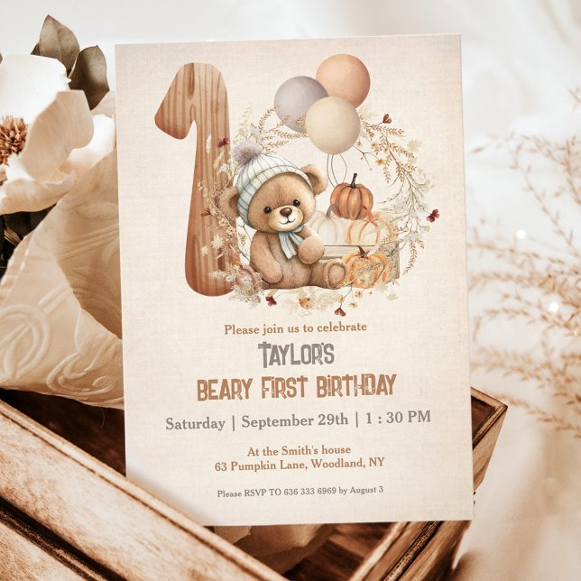Niedliche Teddy Bar Fall Pumpkins Bear 1. Geburtst Einladung (Cute Teddy Bear Fall 1st Birthday Invitation, beary first Birthday)