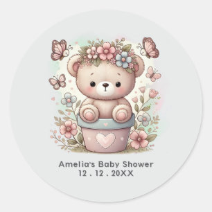 Niedliche Teddy Bär & Floral Custom Baby Dusche Runder Aufkleber