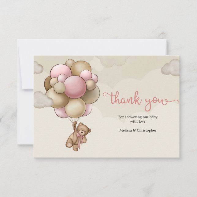 Niedliche Teddy Bär rosa-braune beige Ballons Dankeskarte (Vorderseite)