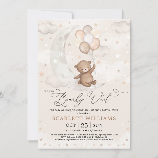 Niedliche Teddy Bären Moon Balloons Neutral Baby D Einladung (Vorderseite)