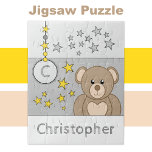 Niedliche Teddy Bären Sterne grau<br><div class="desc">Puzzle für Kinder.
Mit einem niedlichen braunen Teddybär, Sternen und Namen.
Grau und gelb.
Geschenkidee für Kinder.</div>