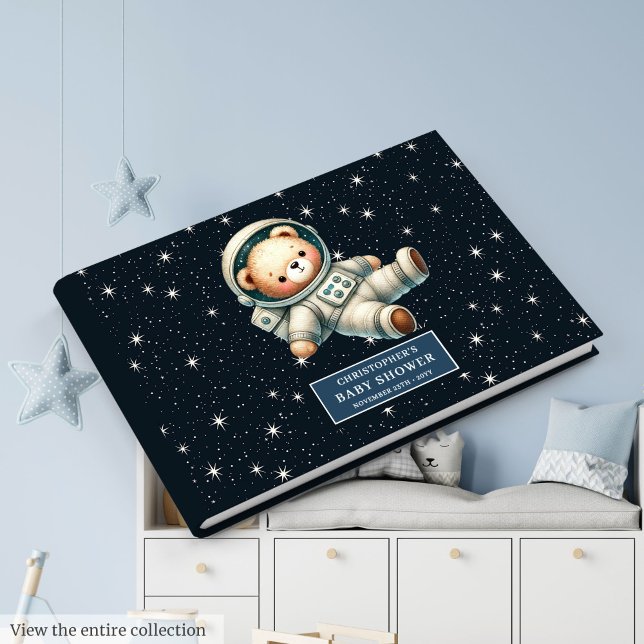 Niedliche Teddy Bear Astronautin Kinderdusche Gästebuch (Cute Teddy Bear Astronaut Boy Baby Shower Guest Book)