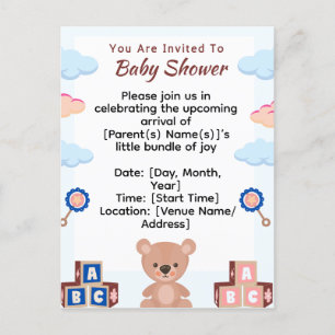 Niedliche Teddy Bear Baby Dusche Einladung