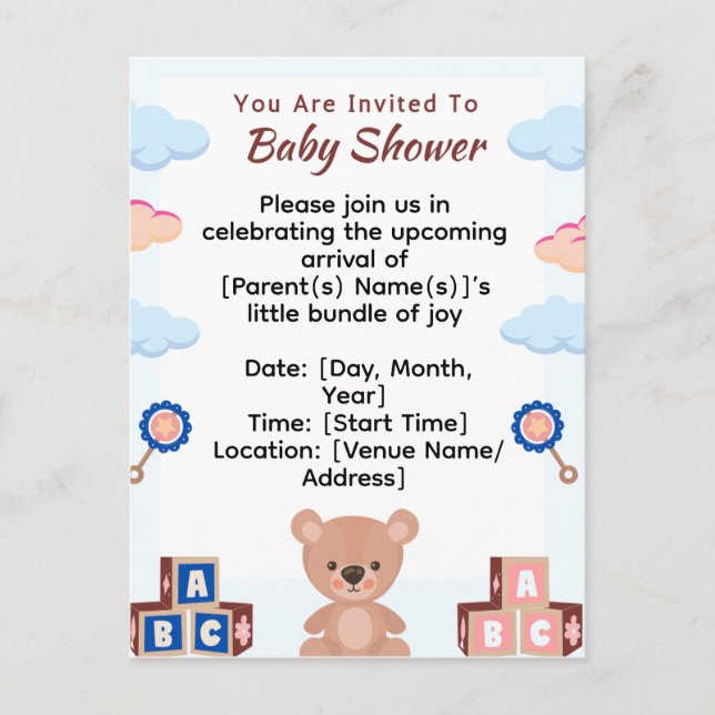 Niedliche Teddy Bear Baby Dusche Einladung (Vorderseite)