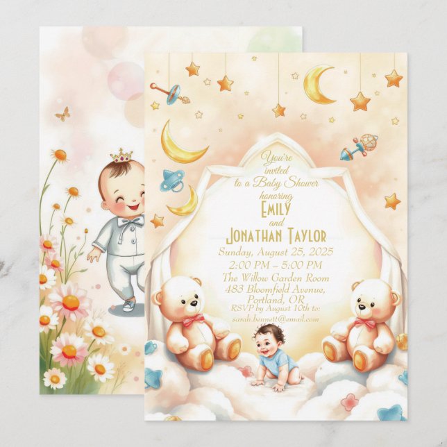 Niedliche Teddy Bear Baby Dusche Einladung (Vorne/Hinten)