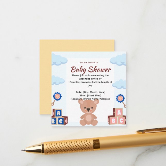 Niedliche Teddy Bear Baby Dusche Einladung (Vorderseite/Rückseite Beispiel)