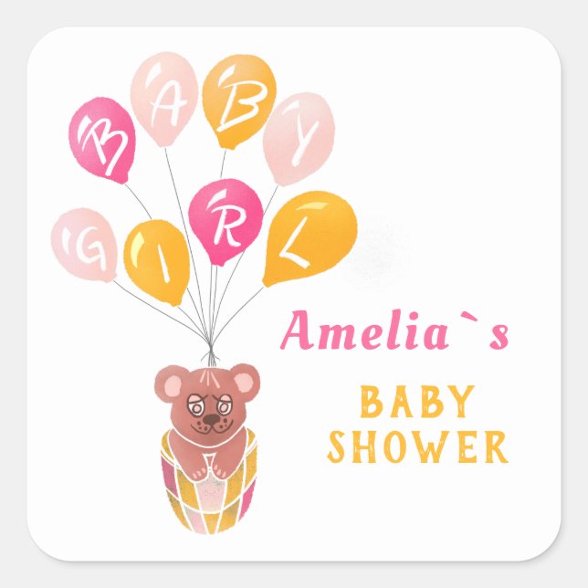 Niedliche Teddy Bear Balloon Baby Girl Baby Show Quadratischer Aufkleber (Vorderseite)