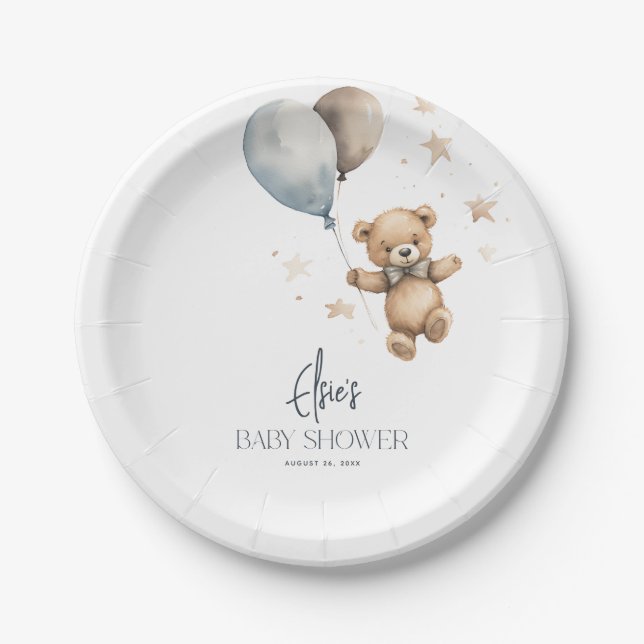 Niedliche Teddy Bear & Balloons Boy Baby Dusche Pappteller (Vorderseite)