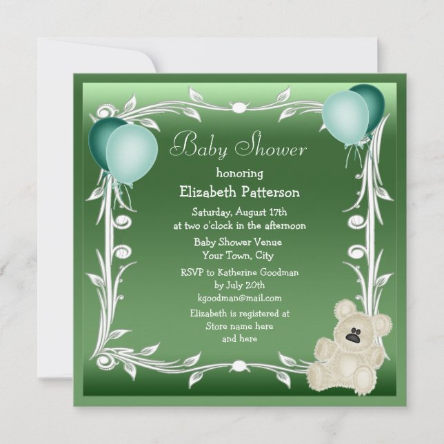 Niedliche Teddy Bear & Balloons Neutral Baby Dusch Einladung (Vorderseite)