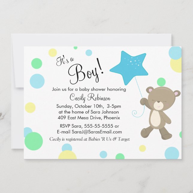 Niedliche Teddy Bear Boy Baby Dusche Einladung (Vorderseite)