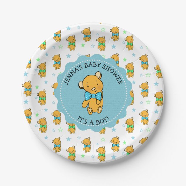 Niedliche Teddy Bear Boy's Baby Dusche Pappteller (Vorderseite)