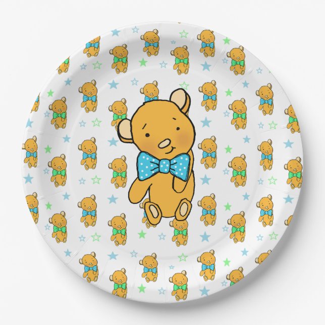 Niedliche Teddy Bear Boy's Baby Dusche Pappteller (Vorderseite)