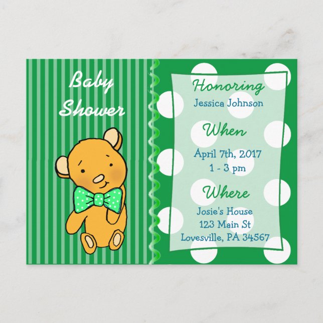 Niedliche Teddy Bear Green Baby Dusche Einladung (Vorderseite)