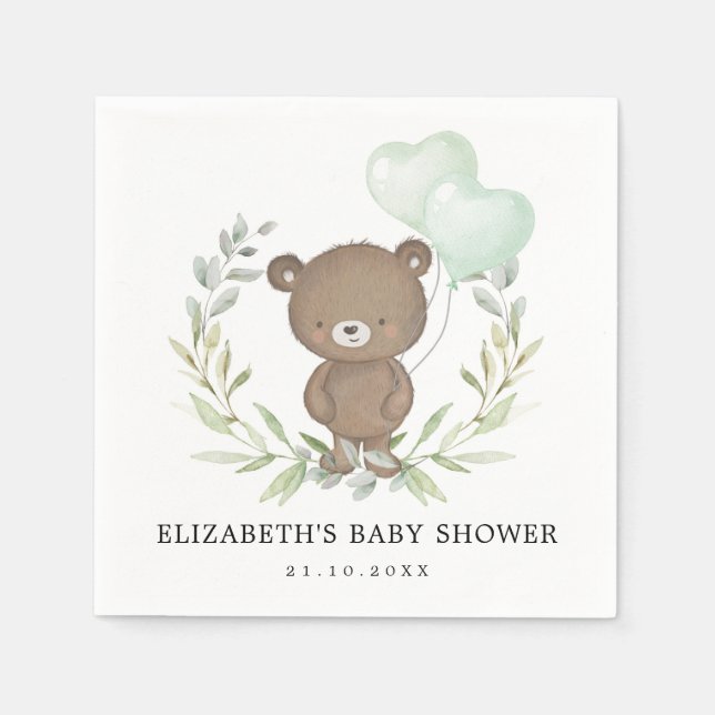 Niedliche Teddy Bear Greenery Balloons Kinderdusch Serviette (Vorderseite)