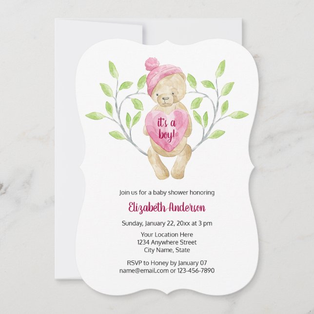Niedliche Teddy Bear Heart Baby Dusche Einladung (Vorderseite)