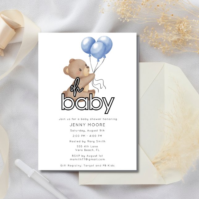 Niedliche Teddy Bear Holding Balloons Babydusche Einladung (Cute Teddy Bear Holding Balloons Baby Shower Invitation)