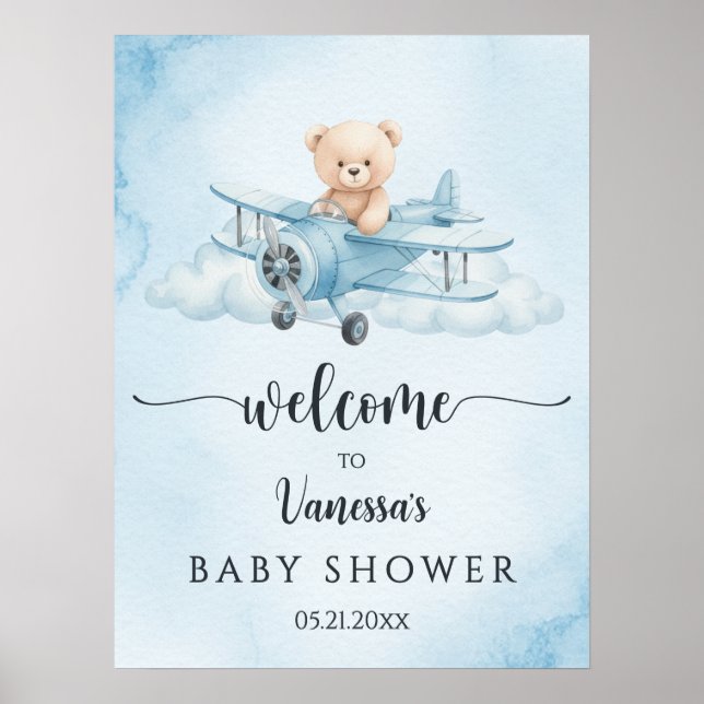 Niedliche Teddy Bear Pilot Baby Dusche Willkommen Poster (Vorne)