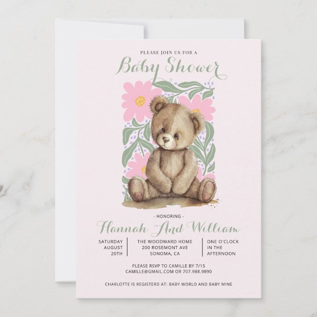 Niedliche Teddy Bear Pink Girl Babydusche Einladung (Vorderseite)