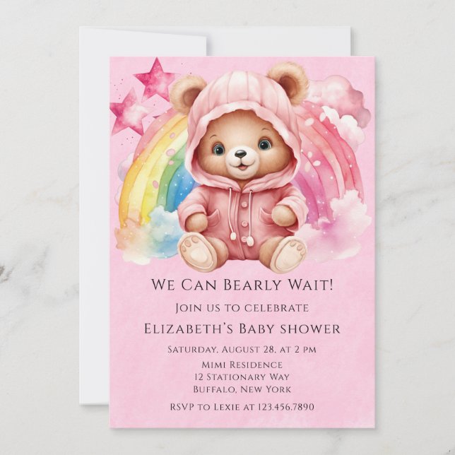 Niedliche Teddy Bear Rainbow Girl Baby Dusche Einladung (Vorderseite)