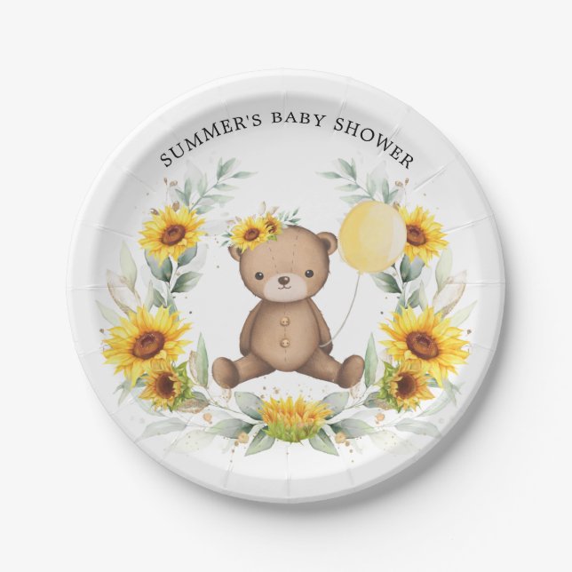 Niedliche Teddy Bear Sonnenblume Babydusche 1. Geb Pappteller (Vorderseite)