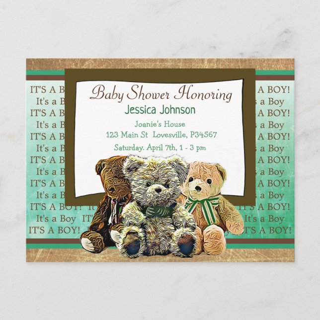 Niedliche Teddy Bear Themed Boy's Baby Shower Einladungspostkarte (Vorderseite)