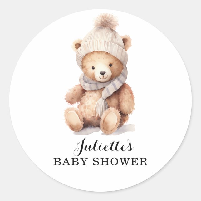 Niedliche Teddy Bear Winter Babydusche Runder Aufkleber (Vorderseite)
