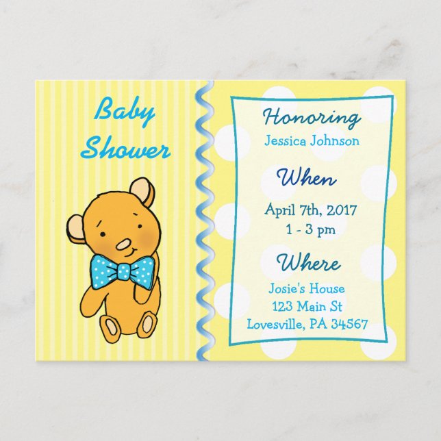 Niedliche Teddy Bear Yellow Baby Dusche Einladung (Vorderseite)