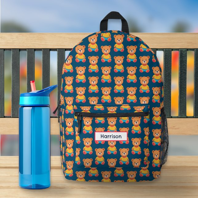 Niedliche Teddy Bears Kinder Gemusterte Farbbrille Bedruckter Rucksack (A cute backpack with colorful teddy bears design on a navy blue background, and custom name panel)