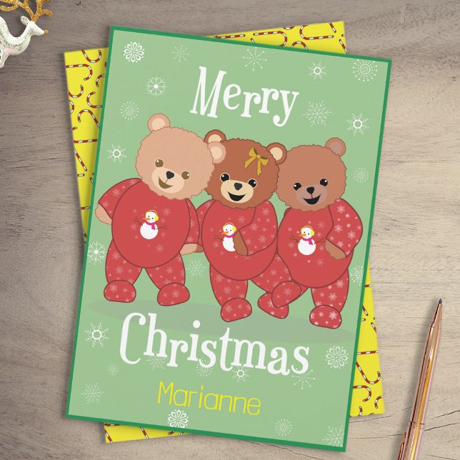Niedliche Teddy Bears zu Weihnachten Pajamas (3 Teddies in pyjamas Christmas Card)