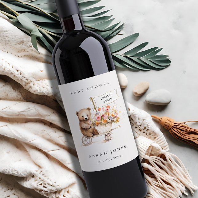 Niedliche Teddy Floral Cart Babydusche Weinetikett (Von Creator hochgeladen)