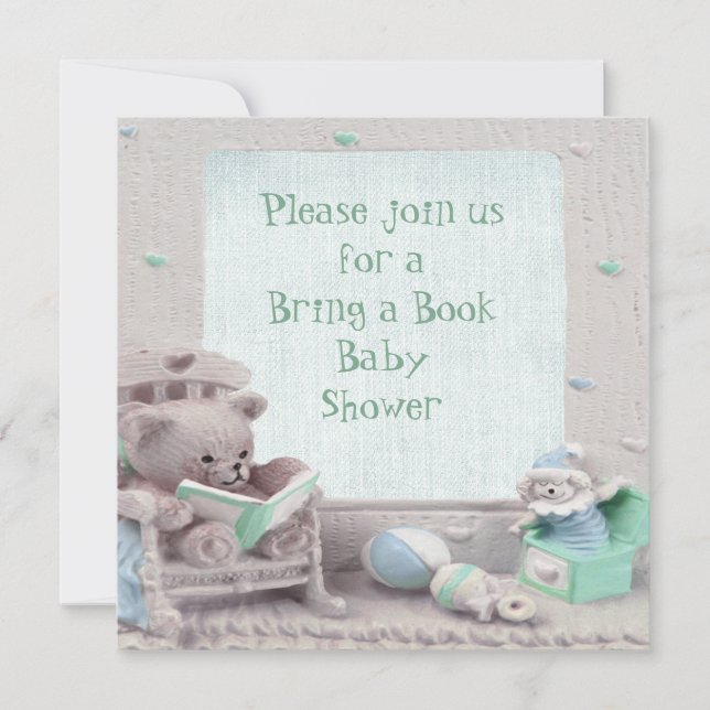 Niedliche Teddy-Lesung holen eine Buch-Baby-Dusche Einladung (Vorderseite)