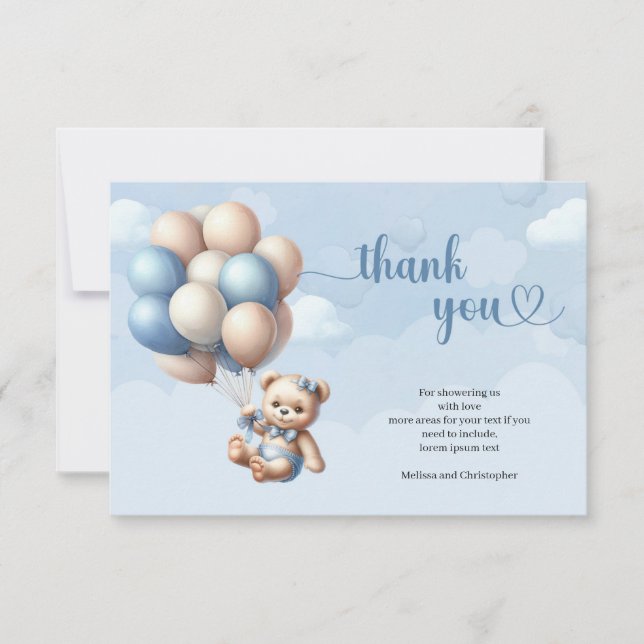 Niedliche Teddyballons in Aquarellblau und Braun Dankeskarte (Vorderseite)
