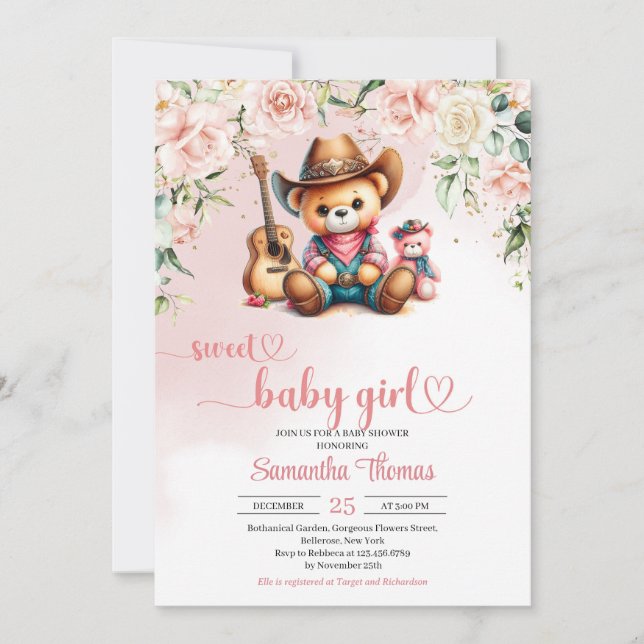 Niedliche Teddybär-Cowgirl-Babydusche Einladung (Vorderseite)