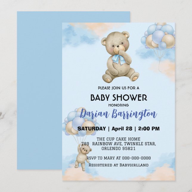 Niedliche Teddybär Gradientenballon Babydusche Einladung (Vorne/Hinten)