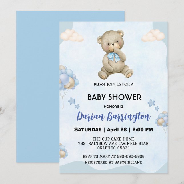 Niedliche Teddybär Gradientenballon Babydusche Einladung (Vorne/Hinten)