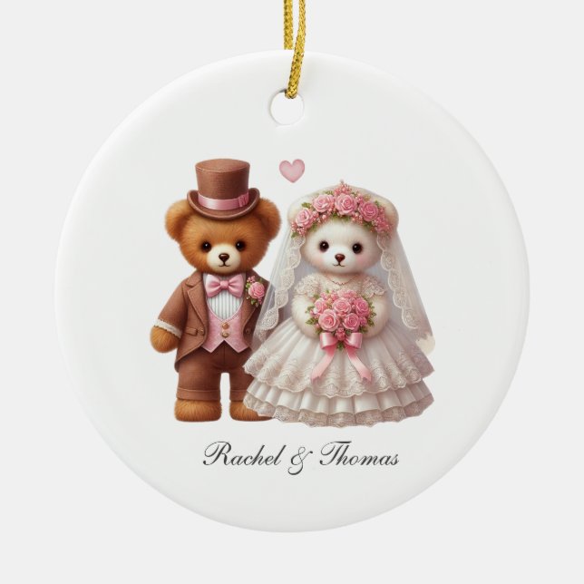 Niedliche Teddybär-Hochzeit Keramik Ornament (Vorne)