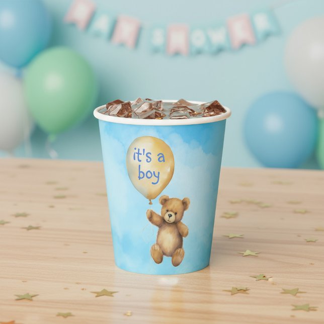 Niedliche Teddybär schwimmende Ballon Babydusche Pappbecher (Cute teddy bear floating balloon baby shower paper cups.)