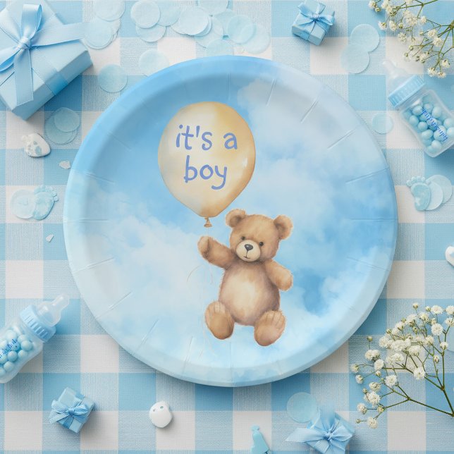 Niedliche Teddybär schwimmende Ballon Babydusche Pappteller (Cute teddy bear floating balloon baby shower paper plates.)