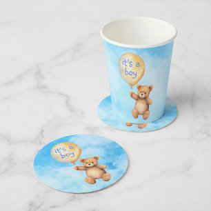 Niedliche Teddybär schwimmende Ballon Babydusche Runder Pappuntersetzer