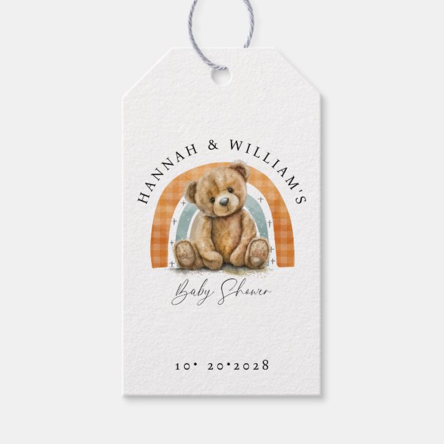 Niedliche Teddybär- und Regenbogen-Babydusche Geschenkanhänger (Vorderseite)