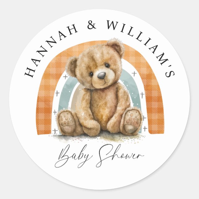 Niedliche Teddybär- und Regenbogen-Babydusche Runder Aufkleber (Vorderseite)