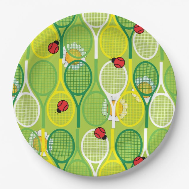 Niedliche Tennisschläger mit Ladyvögeln Pappteller (Vorderseite)