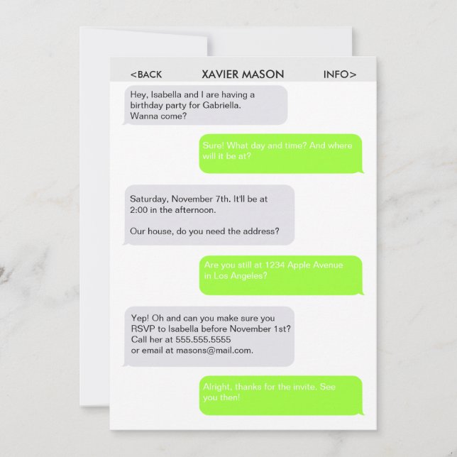 Niedliche Text-Mitteilungs-Party Einladung (Vorderseite)