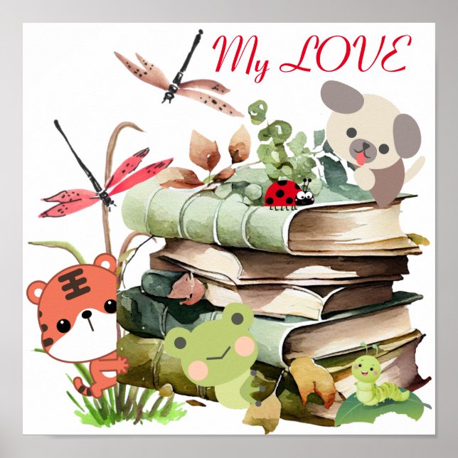 Niedliche Tiere auf dem Stapel von Büchern Poster  (Vorne)